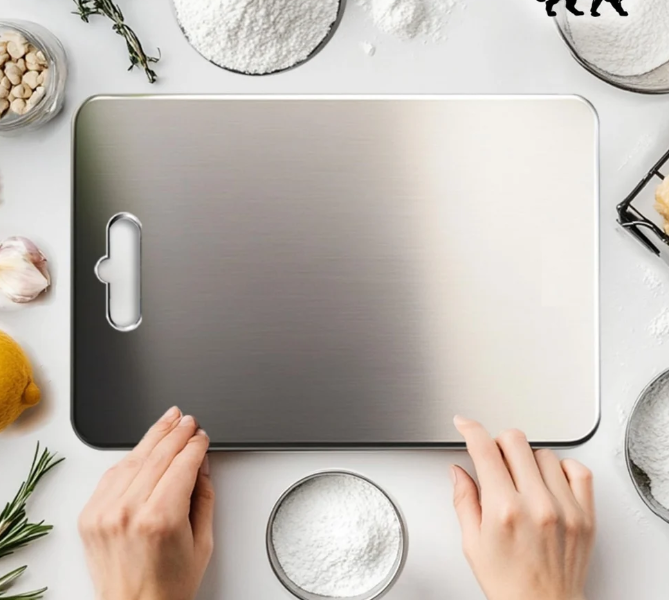 Embassy 304 Steel Chopping Board for Kitchen, Made by Tata Stainless Steel, Rust-Free Cutting Board, Non-Slip, Anti-Bacterial, Chef Approved, Ideal for Vegetables, Fruits, Meat