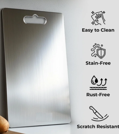 Embassy 304 Steel Chopping Board for Kitchen, Made by Tata Stainless Steel, Rust-Free Cutting Board, Non-Slip, Anti-Bacterial, Chef Approved, Ideal for Vegetables, Fruits, Meat