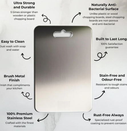 Embassy 304 Steel Chopping Board for Kitchen, Made by Tata Stainless Steel, Rust-Free Cutting Board, Non-Slip, Anti-Bacterial, Chef Approved, Ideal for Vegetables, Fruits, Meat