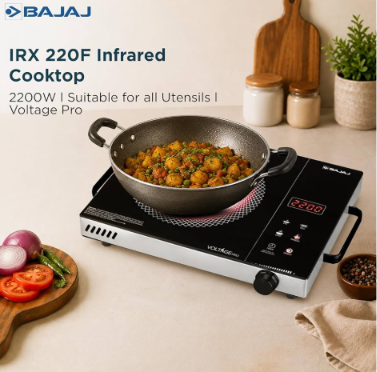 Bajaj IRX 220F Infrared Induction Cooktop | 2200 Watts | 11 Power Level | 3 Preset Menu | Feather Touch Controls | Digital display | 1 Year Warranty 【Black/Silver】
