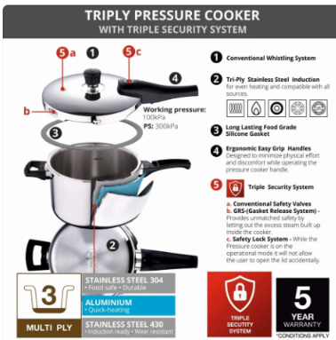 Bergner Argent Elements Triply Stainless Steel Outer Lid Pressure Cooker, Triply Bottom Pressure Cooker