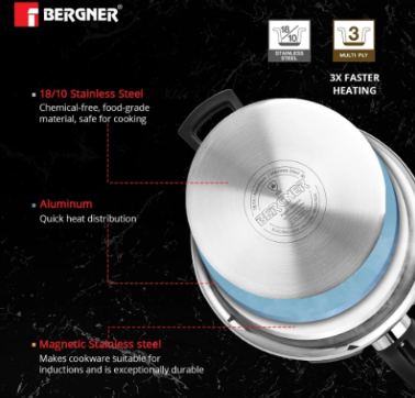 Bergner Argent Elements Triply Stainless Steel Outer Lid Pressure Cooker, Triply Bottom Pressure Cooker