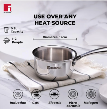 Bergner Argent Junior Chef Triply Stainless Steel 12 cm Saucepan with Stainless Steel Lid, 0.8 L Saucepan/Milkpan, Durable, Mirror Finish, Induction Base and Gas Ready, Silver,
