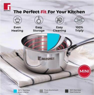Bergner Argent Junior Chef Triply Stainless Steel 12 cm Saucepan with Stainless Steel Lid, 0.8 L Saucepan/Milkpan, Durable, Mirror Finish, Induction Base and Gas Ready, Silver,