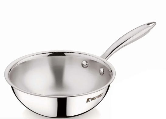 Bergner Argent Junior Chef Triply Stainless Steel 18 cm Wok, 1.3 litres Wok/Kadai, Mini Wok with Sturdy and Durable, Mirror Finish, Induction Base and Gas Ready, Silver