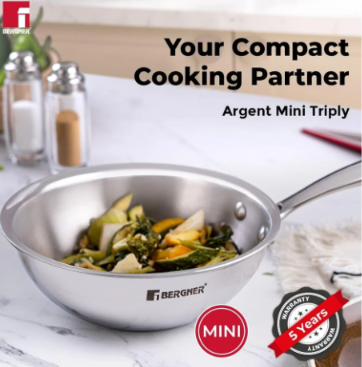 Bergner Argent Junior Chef Triply Stainless Steel 18 cm Wok, 1.3 litres Wok/Kadai, Mini Wok with Sturdy and Durable, Mirror Finish, Induction Base and Gas Ready, Silver
