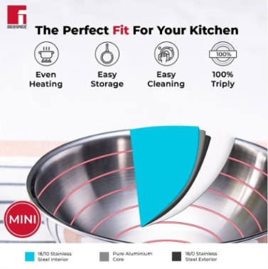 Bergner Argent Junior Chef Triply Stainless Steel 18 cm Wok, 1.3 litres Wok/Kadai, Mini Wok with Sturdy and Durable, Mirror Finish, Induction Base and Gas Ready, Silver