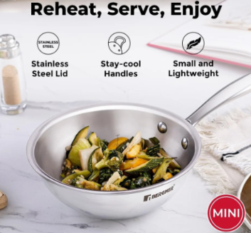 Bergner Argent Junior Chef Triply Stainless Steel 18 cm Wok, 1.3 litres Wok/Kadai, Mini Wok with Sturdy and Durable, Mirror Finish, Induction Base and Gas Ready, Silver