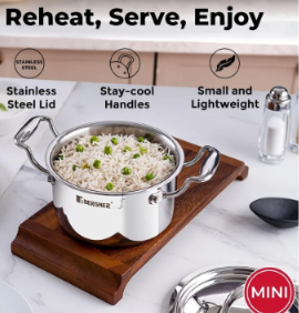 Bergner Argent Junior Chef Triply Stainless Steel Casserole with Stainless Steel Lid, Casserole, Durable Cookware, Mirror Finish, Induction Base and Gas Ready, Silver