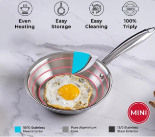 Bergner Argent Junior Chef Triply Stainless Steel Fryapn, Frying Pan, Sturdy and Durable, Mirror Finish, Easy To Clean, Induction Base and Gas Ready, Silver,