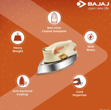 Bajaj DHX-9 1000W Dry Iron Heavy Weight German Coating, Ivory