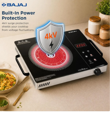 Bajaj IRX 220F Infrared Induction Cooktop | 2200 Watts | 11 Power Level | 3 Preset Menu | Feather Touch Controls | Digital display | 1 Year Warranty 【Black/Silver】