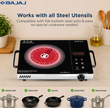 Bajaj IRX 220F Infrared Induction Cooktop | 2200 Watts | 11 Power Level | 3 Preset Menu | Feather Touch Controls | Digital display | 1 Year Warranty 【Black/Silver】